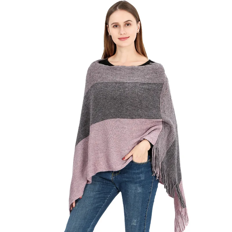 

2022 New Autumn Winter Knitted Shawl Women's Spring Multipurpose Pullover Cape Warm Tassel Cape Lady Stripe Ponchos Pink