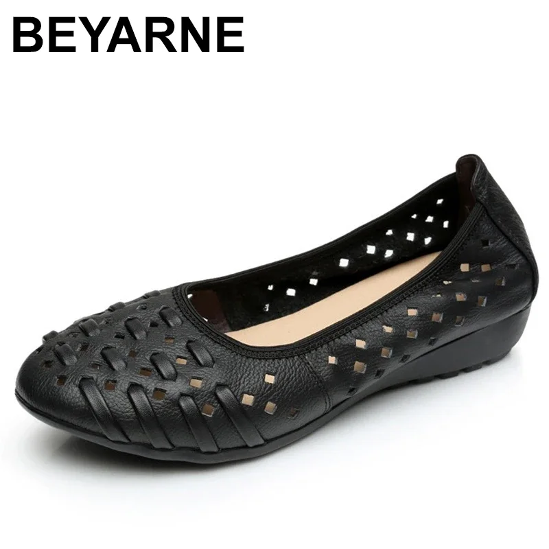 BEYARNE Mother Women Shoes Old Flats Hollow Out Cow Genuine Leather Slip On Loafers Casual Vintage 5 Colors 35-43 E087