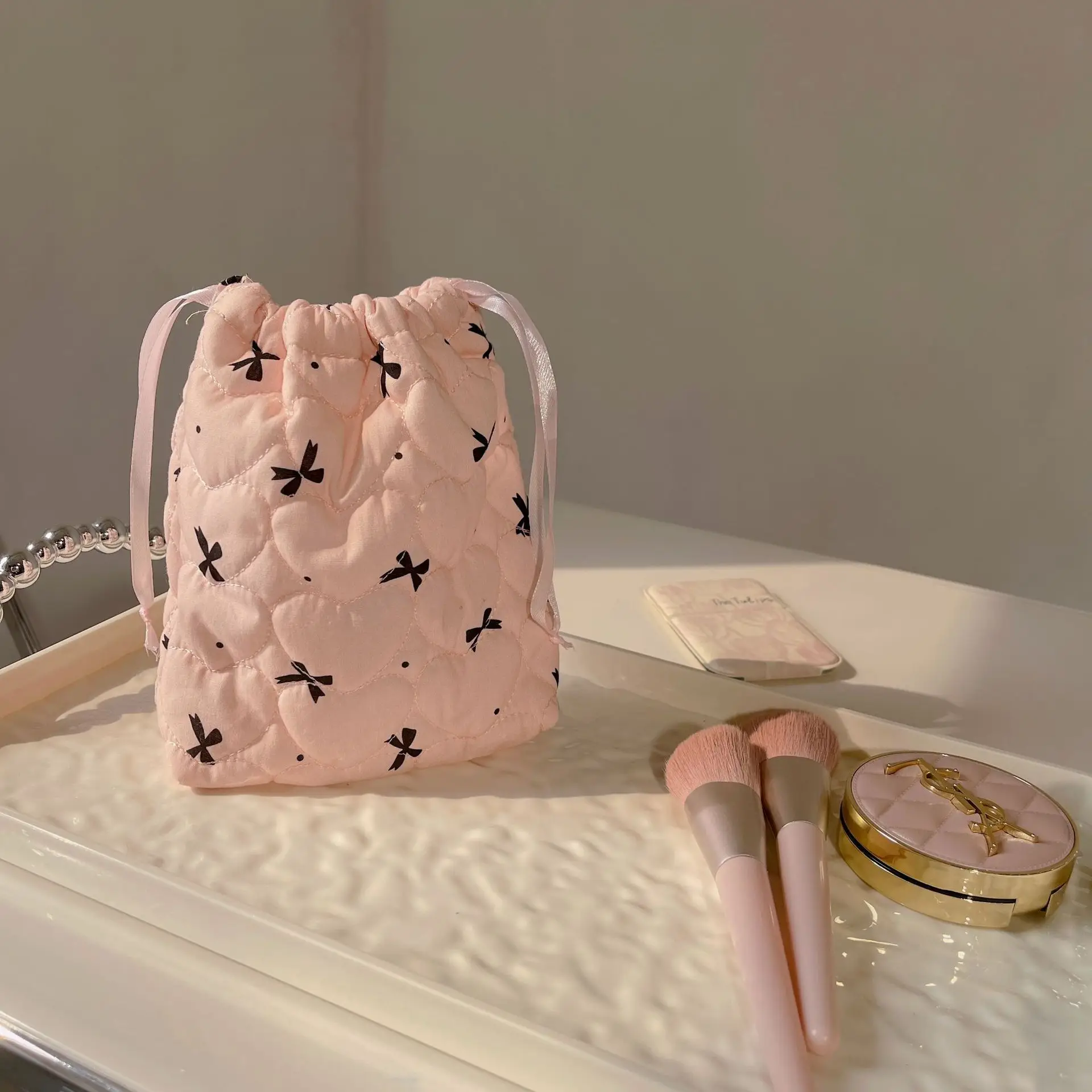حقيبة مكياج برباط على شكل فيونكة وردية، حقيبة تخزين قائمة للكاميرا CCD، حقيبة يد ناعمة مضادة للسقوط، حقيبة أدوات الزينة المحمولة للسفر #4