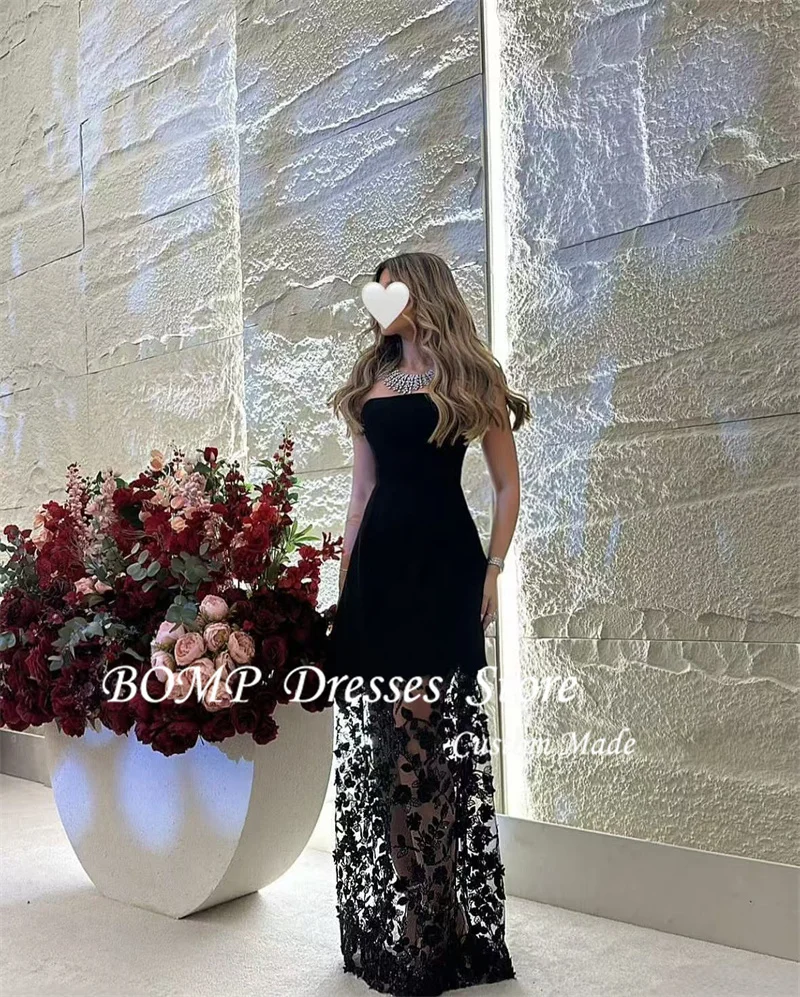 BOMP Black Formal Evening Dresses For Women Wedding Party Dubai Arabic Women Two Pieces Lace Strapless Prom Gowns Customized