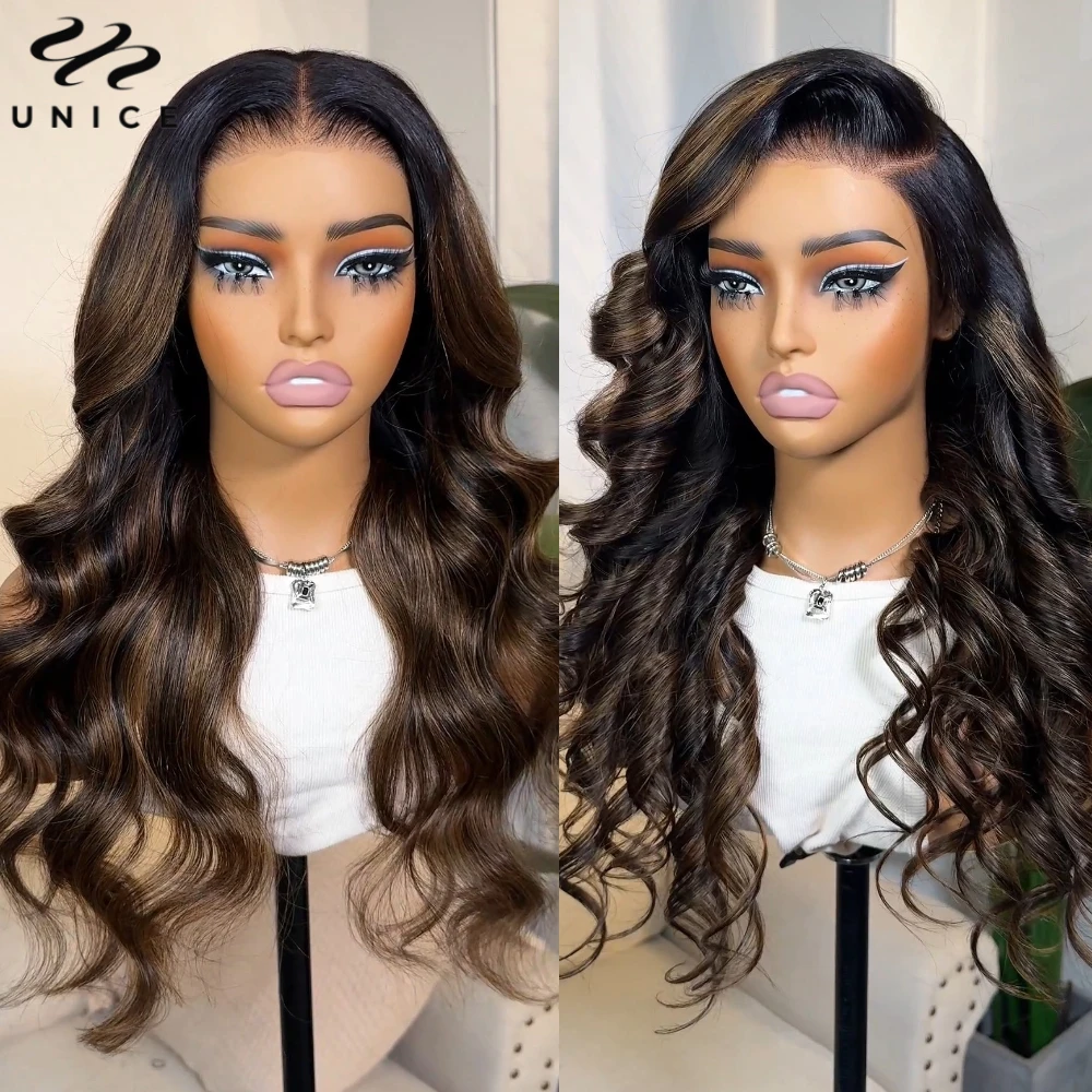 UNice Hair Bye Bye Knots 7x5 Lace Glueless Wig Brown Balayage Body Wave Human Hair Lace Front Wig Pre Cut Pre Bleached Lace Wig