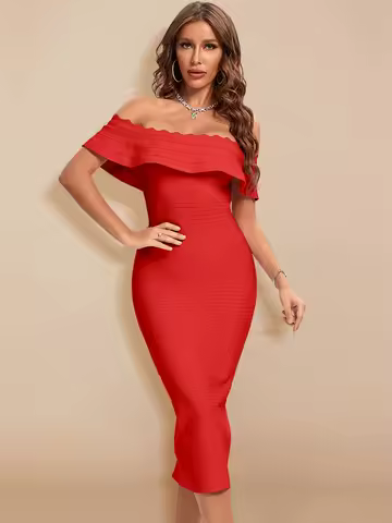 BEAUKEY Elegant Women Luxury Red Evening Wedding Bandage Dress Ruffles Split Bodycon Dress XL Celebrity Vestidos Party Maxi
