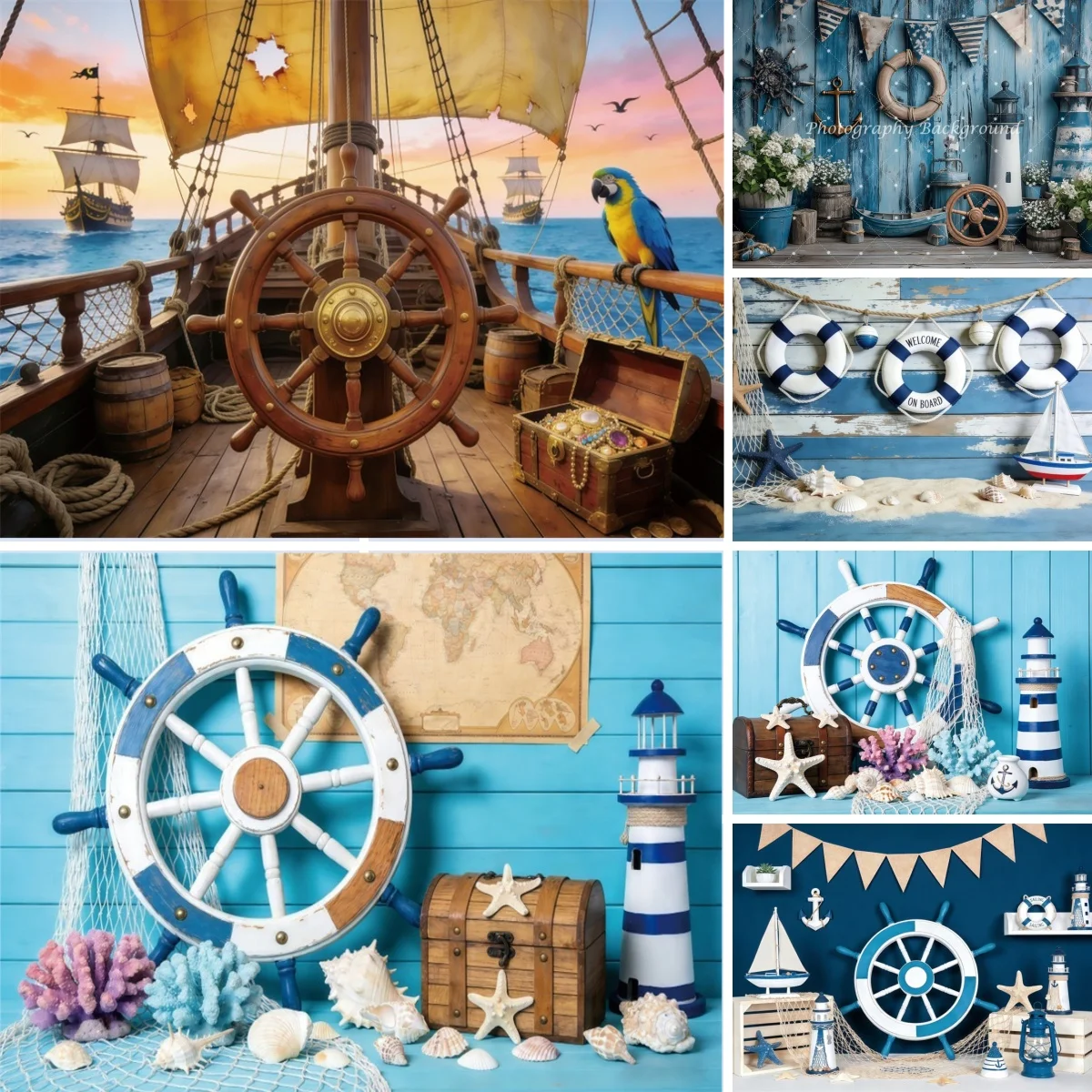 夏の航海写真背景水中海賊木板帆船舵少年子供の誕生日パーティーの装飾写真の背景