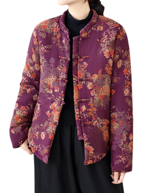 Feminino Thiened algodão jaet outerwear inverno tradicional chinês hanfu sle solto ajuste longo sve impresso planta floral