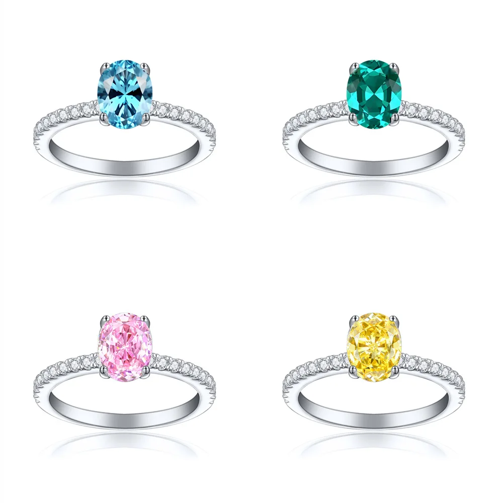925 Sterling Silver 4 Prong Oval Emerald Green Moissanite Ring Diamond Band Engagement Rings For Women Fine Jewelry Gift 