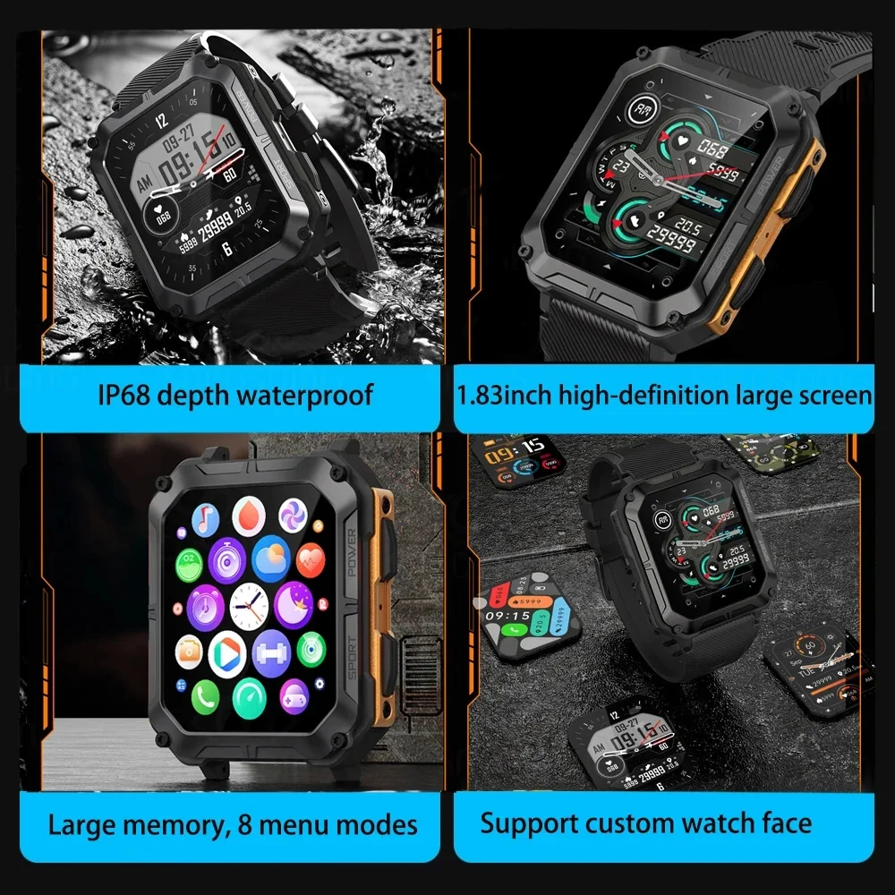 Mart Watch1.83 Inch Men Voice Assistant BT Wireless Call Business Outdoor Sports IP68 Waterproof Wristwatch for Android IOS