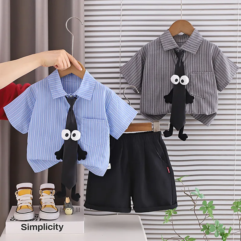 

2026 Summer Baby Boy 2PCS Cute Outfit Striped Short Sleeve Shirt with 3D Tie & Black Shorts Set for Kids Casual Birthday Party