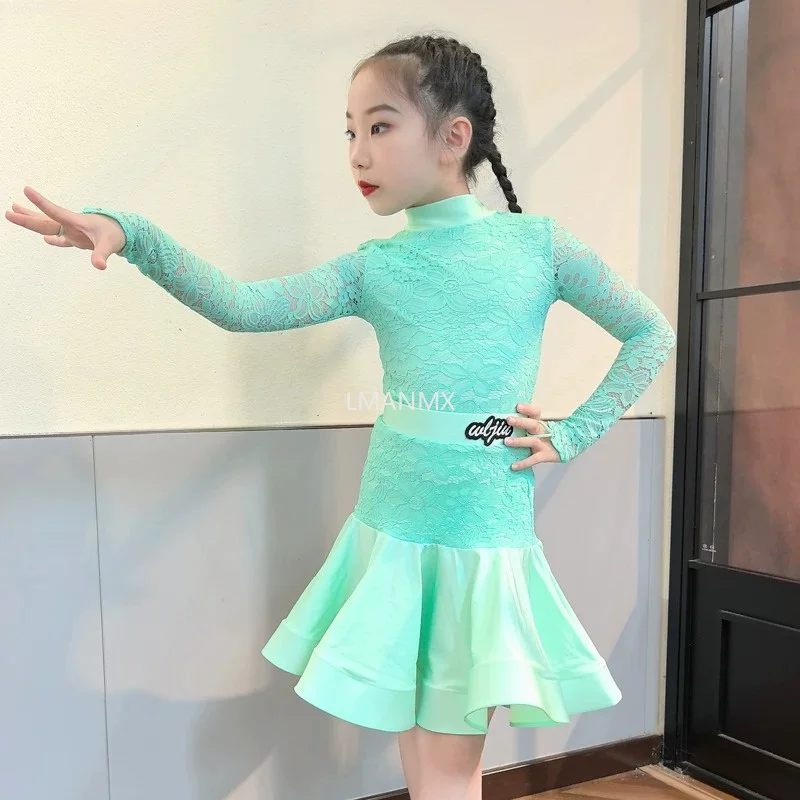 New style girls' Latin dance lace high-neck long-sleeved wide-skirt dress professional competition children's performance attire