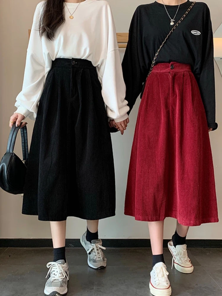 Qiukichonson Midi Long Skirt Womens Corduroy Skirt Autumn Winter Goth Casual High Waisted Pockets Design Pleated Suit Skirts