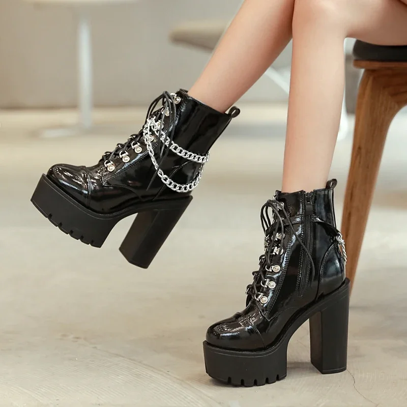 

Gothic shoes boots femme women fur boots High Heel winter shoes motorcycle Ankle Boot waterproof winter boots shoes