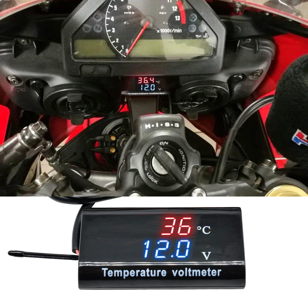 DC 12V 0.28 Inch LED Display Temperature Voltage Meter Tester Temp Monitor IPX6 Waterproof Digital Voltmeter for Car Motorcycle