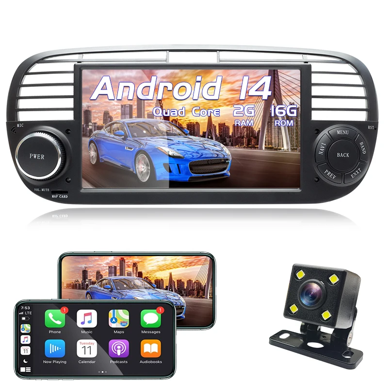 

Android car radio for Fiat 500 2007-2015 stereo screen Carplay Bluetooth GPS Navigation FM radio 7’ [2+16G]