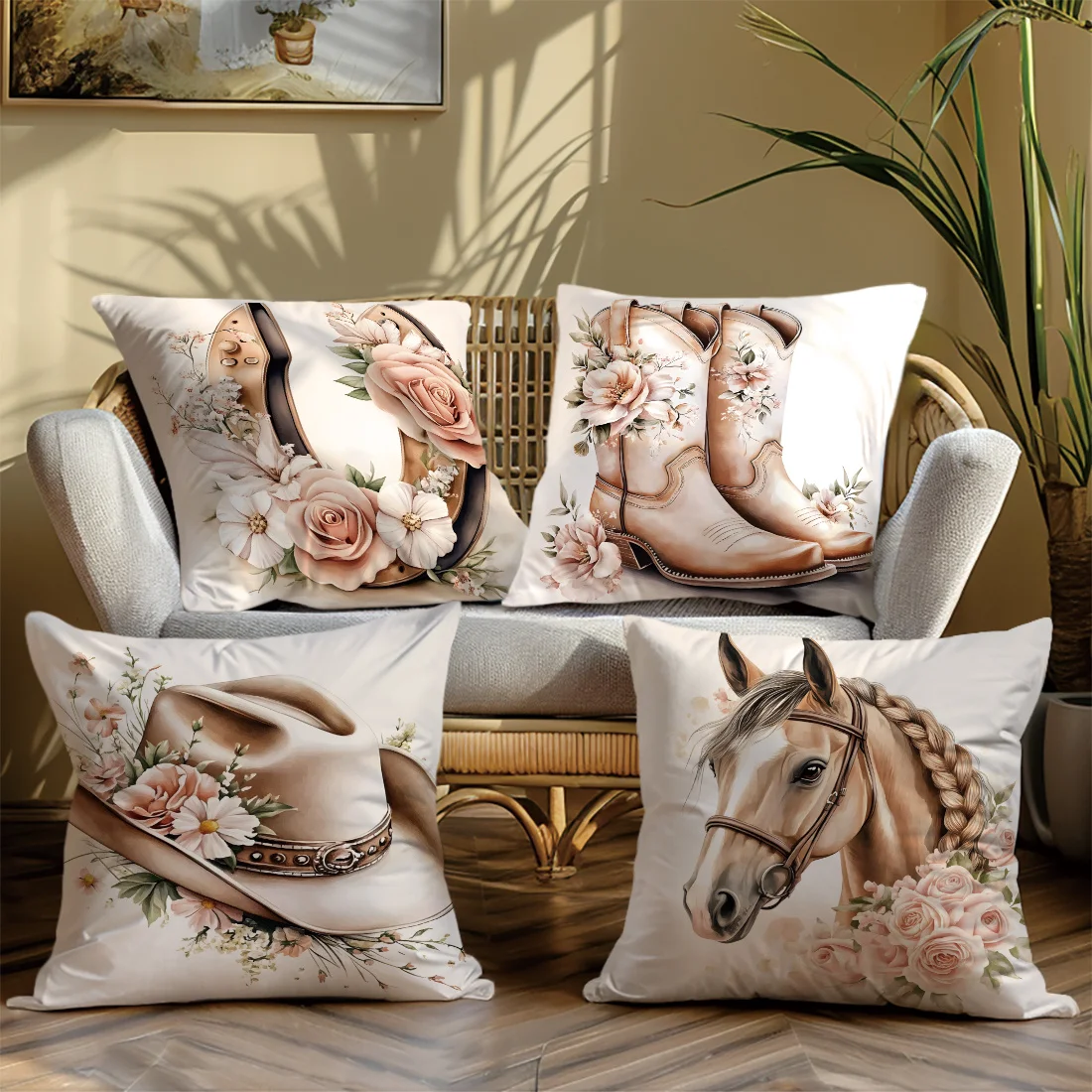 Elegant Rose & Cowboy Boots Pillow Covers, Contemporary Polyester, Zip Closure, Ideal for Living Room, Bedroom, or Office Decor