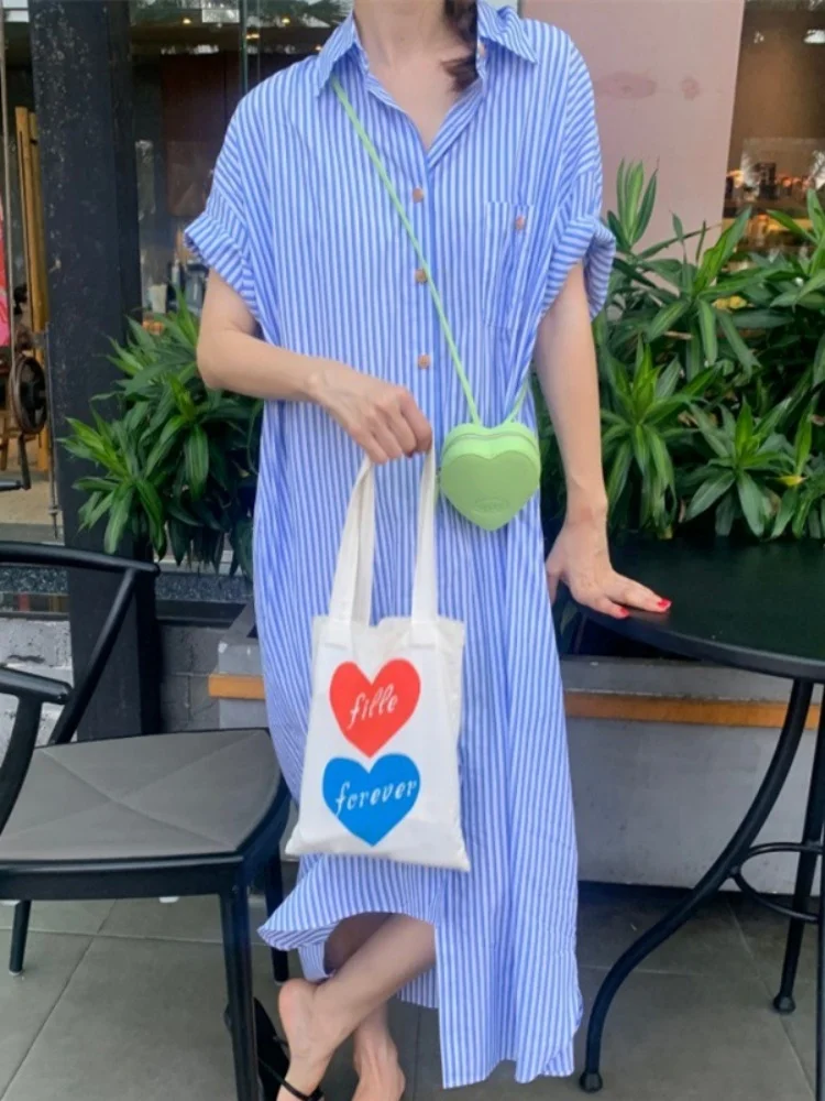 Summer Short Sleeve Blue Stripe Print Women\'s Shirt Dress Turndown Collar Loose Clothes New Fashion Elegant Long Dresses