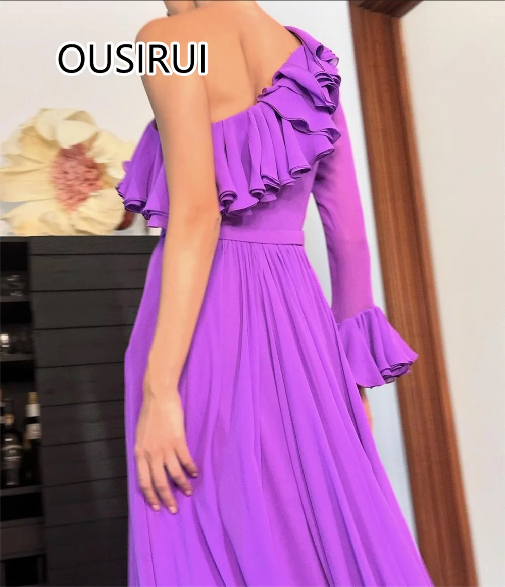 OUSIRUI One Shoulder Chiffon Ruffles Performance Prom Dress A-line Holiday Prom Gown with Trian for Women vestidos de fiesta