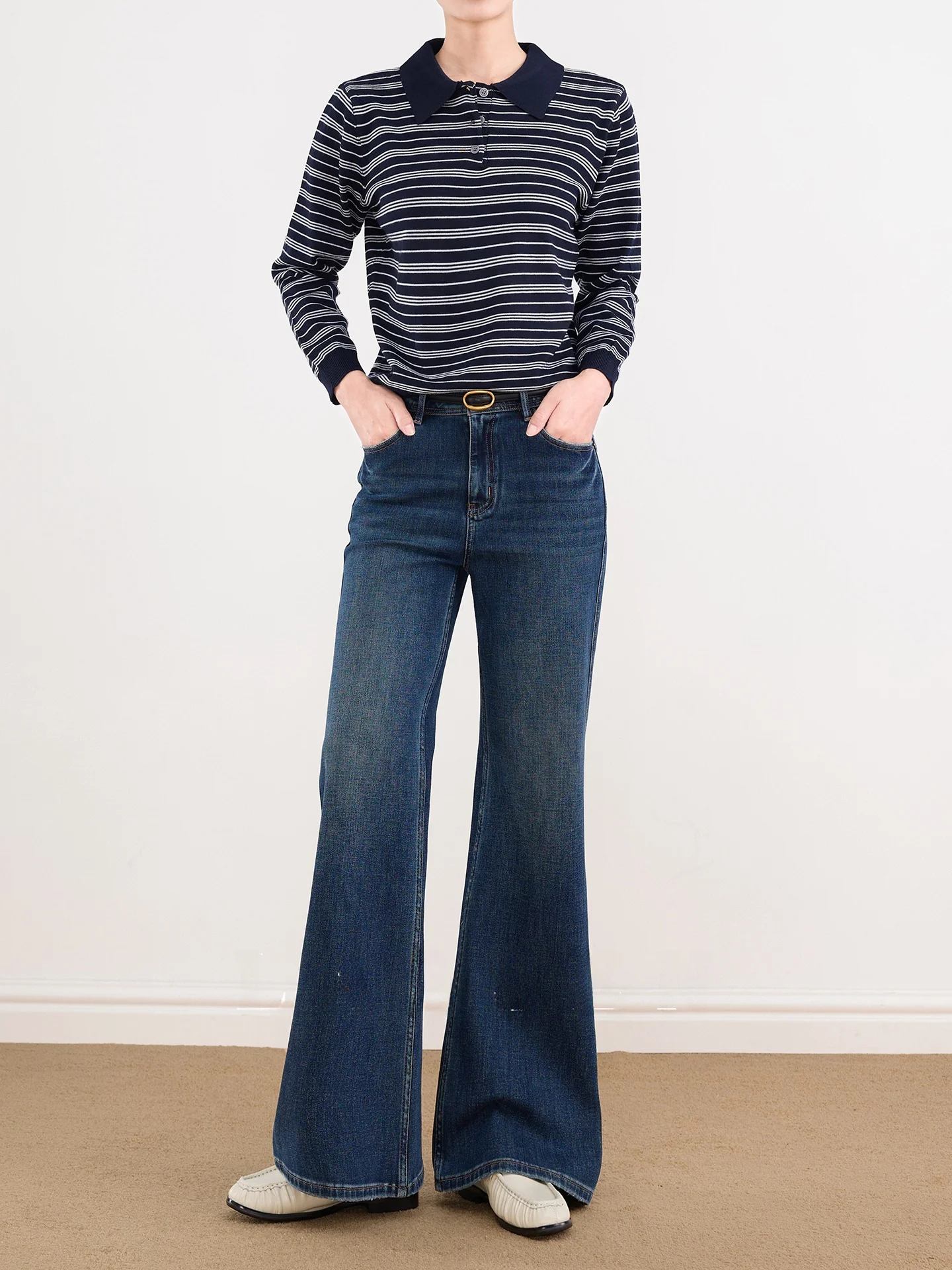 

Blue High Waist Stretchy Denim Flared Pants Women's Slimming Taller Bootcut Jeans Retro Style Four Seasons Cotton Blend