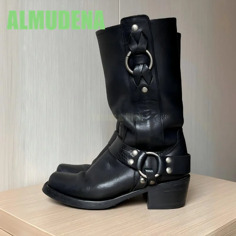 

Square Head Belt Buckle Motorcycle Boots Retro Black Mid Tube Metal Rivet Sleeve Boots Trendy Women's Mid Heel Chelsea Boots