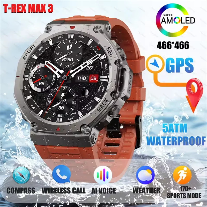 

2025 New GPS Smart Watch Men 1.43" AMOLED HD Screen Compass Altimeter 5ATM Waterproof Outdoor Military Smartwatches for HUAWEI