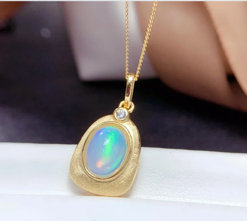 Women Pendant  Golden Color Necklace Natural Opal Necklace Real 925 Silver Jewelry Good Gift