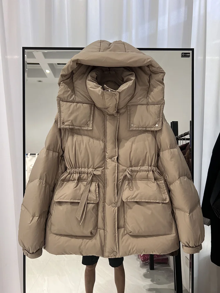 Korean version fashion hooded waist cinching slimming big pocket white duck down jacket women's trendy new down jacket