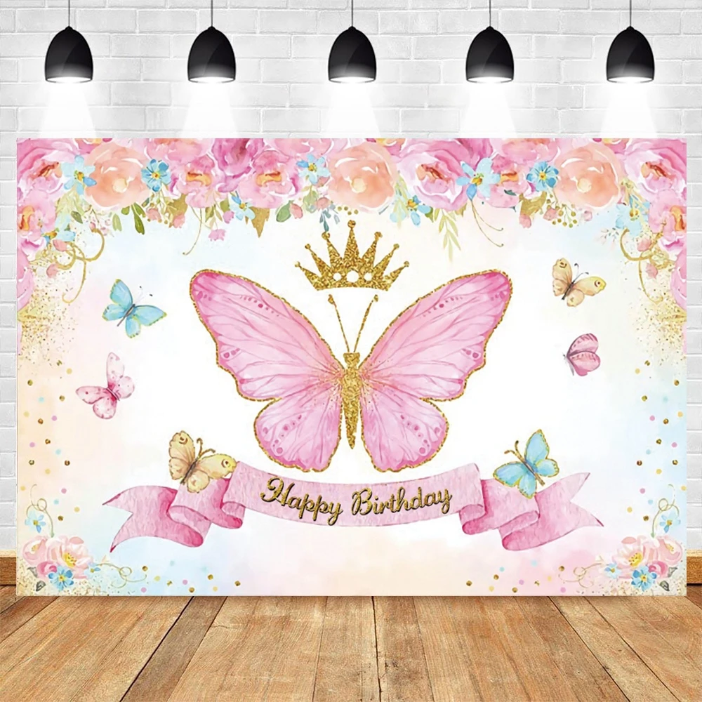 Butterfly Princess Newborn Baby Shower Backdrop for Girl\'s Birthday Party Castle Crown Custom Photography Background Banner