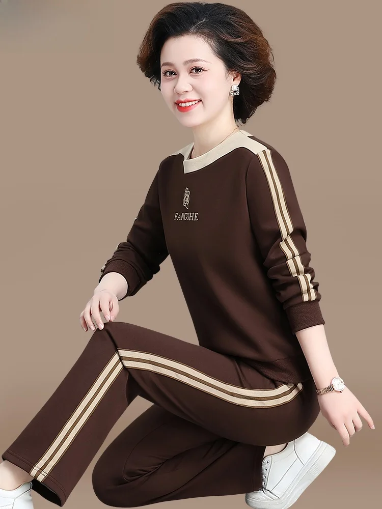 

Повседневный спортивный весенний комплект для женщин 40-49 лет: модный свитшот и свободные длинные брюки из полиэстера, комплект из двух предметов