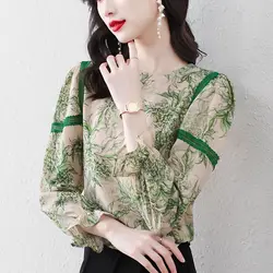 Office Lady Floral Printed Blouse Round Neck Stylish Lace Spliced Female Clothing 2024 Spring Autumn Casual Long Sleeve Shirt