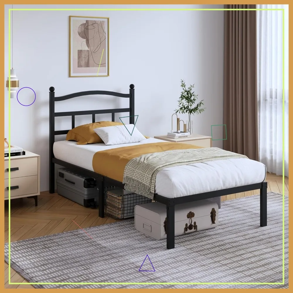 

14 Inch Twin Metal Bed Frame with Headboard, Heavy Duty Steel Platform - Easy Assembly, Noise Free, No Box Spring Needed