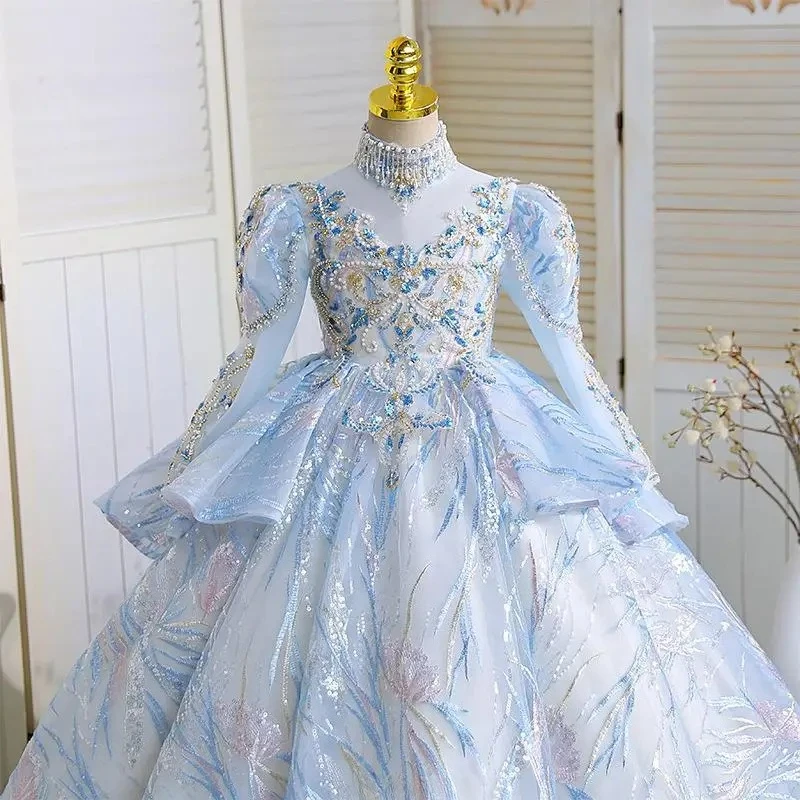 Girl Formal Party Wear Gown Piano Recital Performance Outfit Party Dress Long Sleeve Puffy Princess Girls Pageant Host  Flower