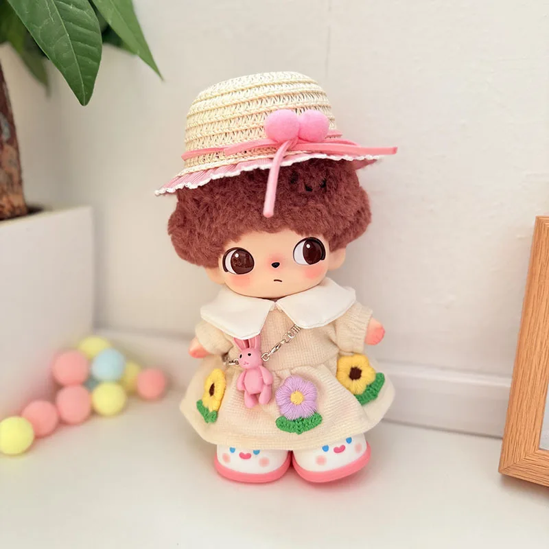 

15/17cm 1st-3rd Gen Labubu And DIMOO WORLD Dolls Including Plush Hats With Big Bows Flower Decorated Dresses Straw Hats