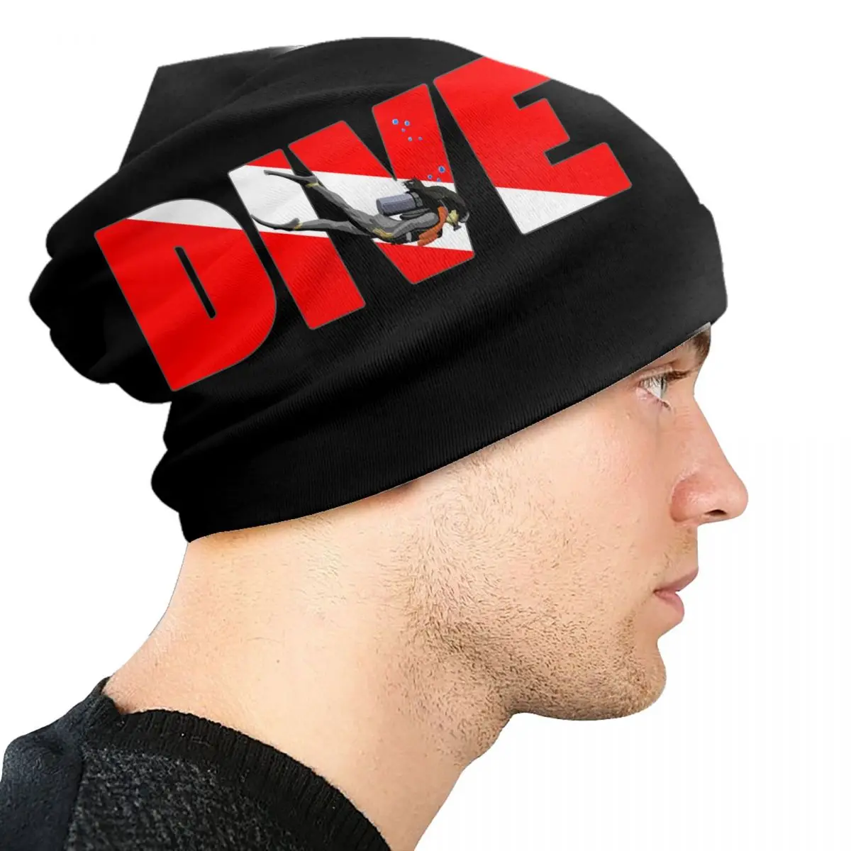 Custom Scuba Dive Flag And Diver Beanie Cap Winter Warm Bonnet Homme Knitted Hats Outdoor Diving Lover Skullies Beanies Hats