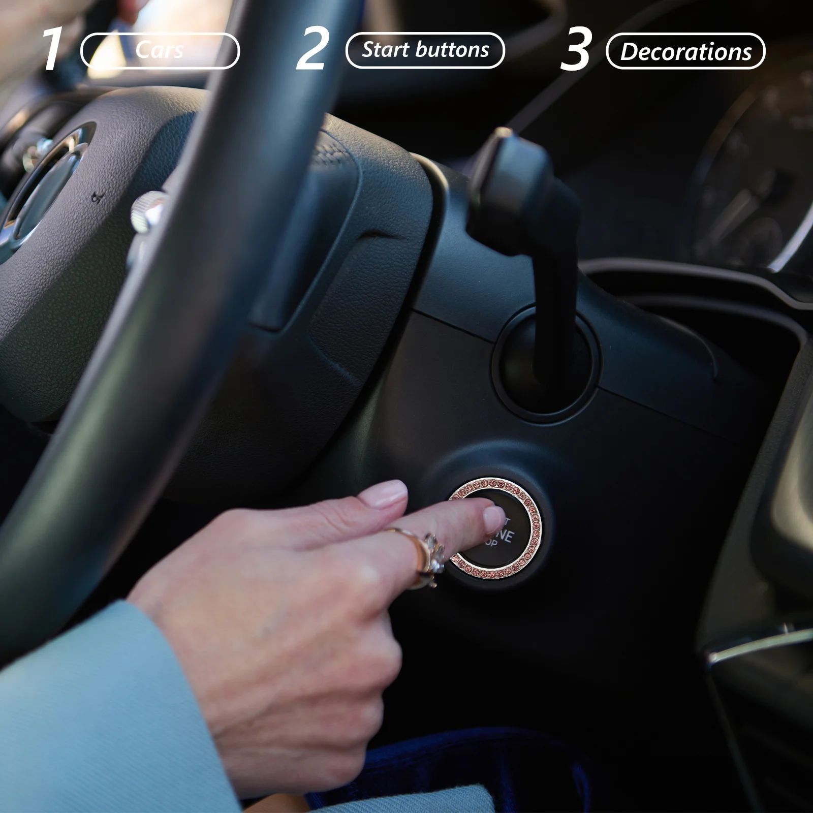 

3Pcs Car Engine Start Button Cover Rhinestone Design Glamorous Durable Compatible Wide Range Models Interior Accessory