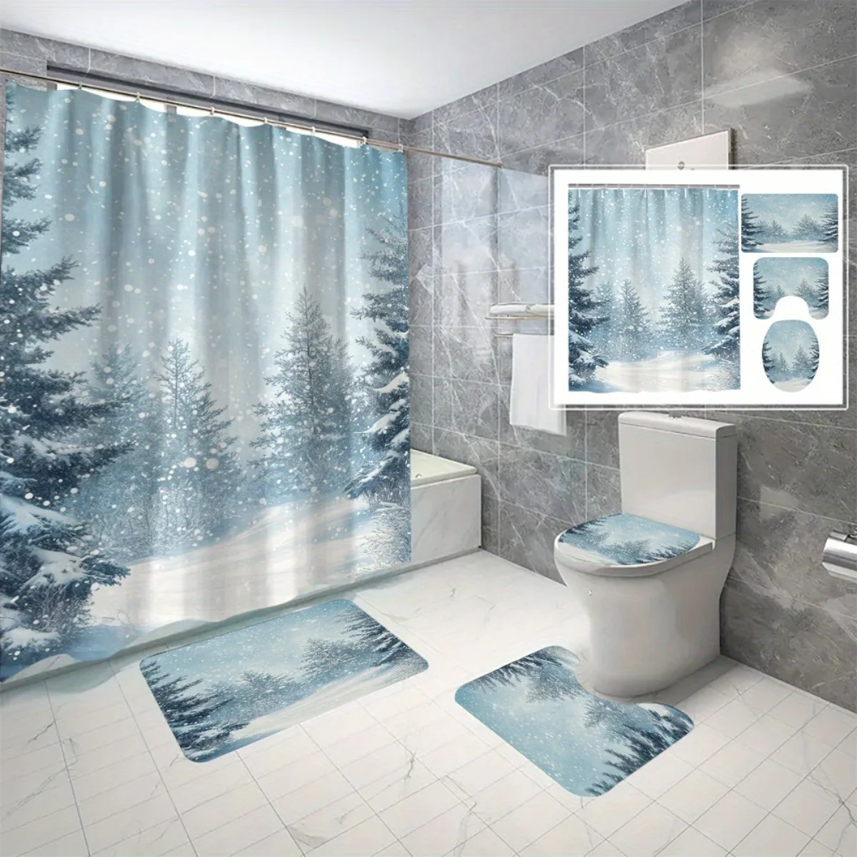 4pc Winter Snow Forest Bathroom Set - Shower curtain + rug + toilet seat, U-shaped mat, cozy winter landscape pattern