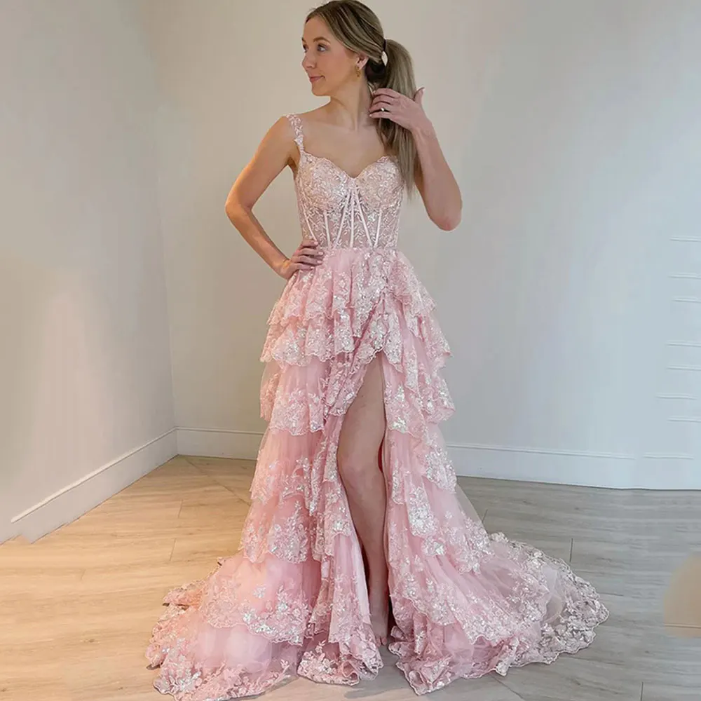 Vestidos de Fiesta de noche de encaje con corte en A, escote Corazón, tirantes finos, apliques de cremallera, lentejuelas divididas altas escalonadas, vestido de fiesta de tren de barrido