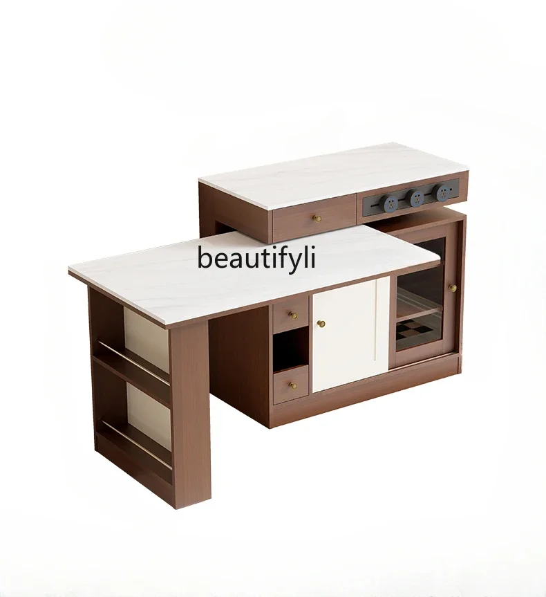 

Retro living room island dining table rotatable multi-functional mobile side cabinet with rock slab medieval furniture