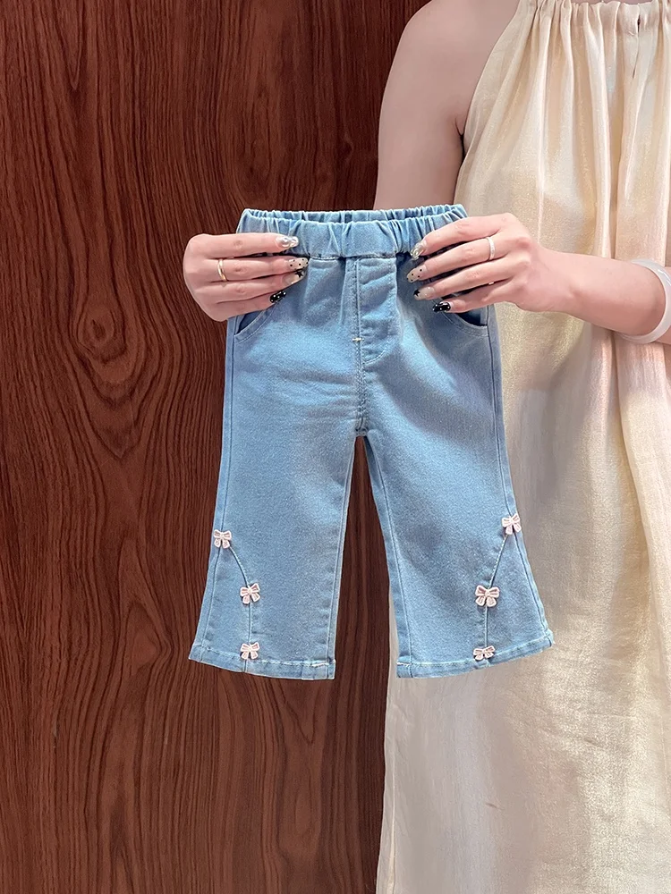 

Джинсы-клеш Princ Sle для девочек: мягкие, с завязками, с высокой талией, прямые штанины, защита от УФ-излучения, весна-осень, новинка