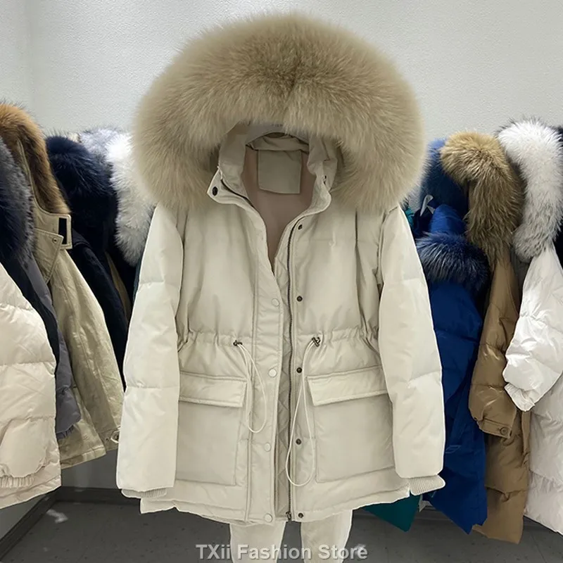 2023 White Duck Down Coat Winter Women Fashion Hooded Real Fox Fur Collar Thicken Warm Feather Clothing Female Parka Overcoat