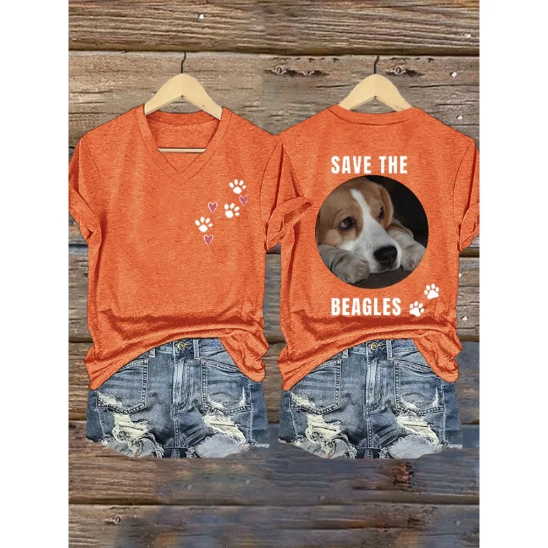ilstile Women's Save The Beagles Dog Print T-Shirts Summer Short Sleeve Casual T Shirt V Neck Tops Tees Black White Orange Blue