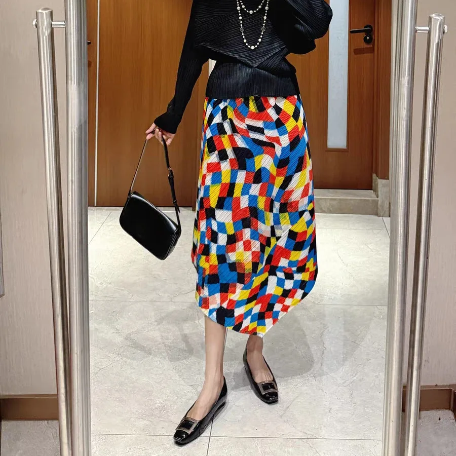Miyake Irregular Plaid Printed Half Skirt Women's Casual Elastic High Waisted Loose Skirts 2025 Summer New Tide