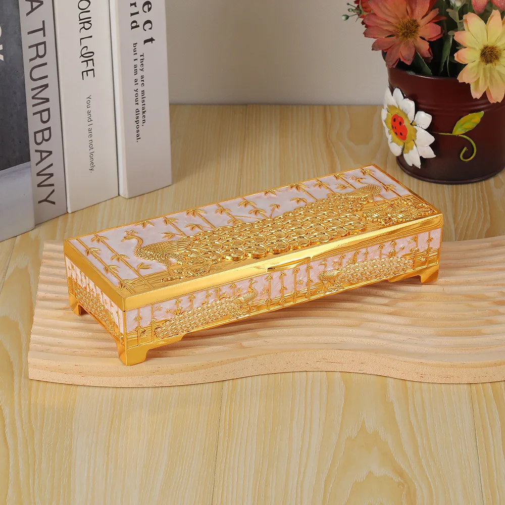 Antique Peacock Pattern Zinc Alloy Rectangular Trinket Organizer Box Vintage Jewelry Storage Box Anniversary Women's Gift