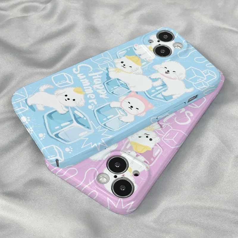 Korean Ins Cute Ice Cube Puppy Oil Painting Case for IPhone 16 15 14 13 Pro Max Back Phone Cover for 12 11 Pro Plus 7 X XS Cover