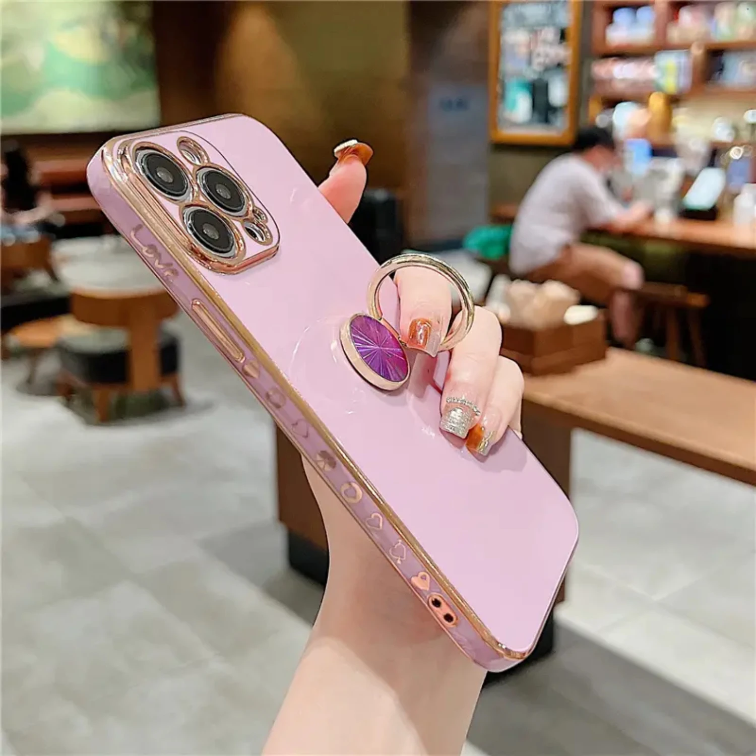 Stylish Electroplated Waterproof Shockproof Silicone Side Heart Ring Holder Phone Case for iPhone 14/14Plus/14Pro/14ProMax, 13/1