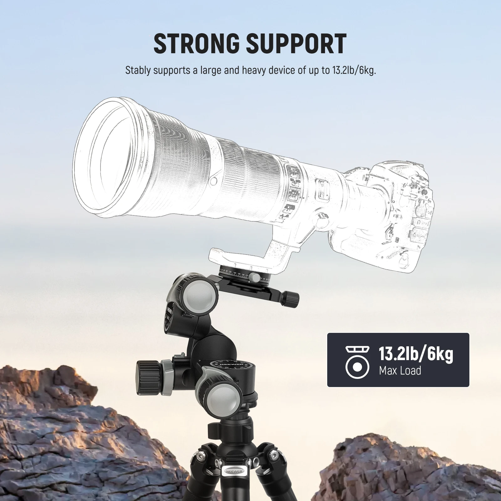 NEEWER 3 Way Geared Tripod Head with 360° Panoramic Arca QR Plate Millimeter Micro Adjustment Aluminum Alloy 3 Axis Head