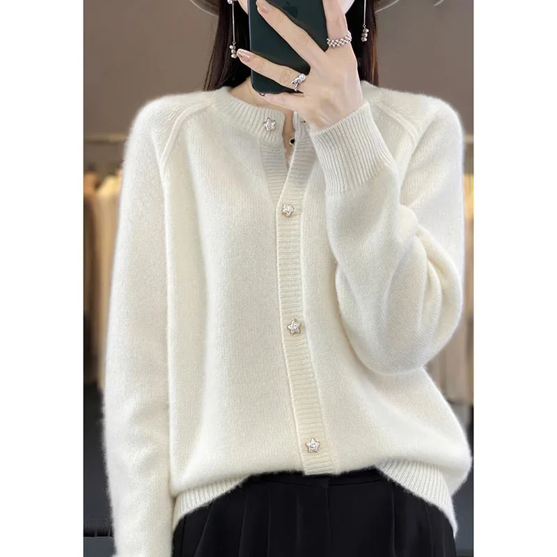 คาร์ดิแกนถักสําหรับผู้หญิง, คอกลม, หัวเข็มขัดดาว, เสื้อกันหนาวลําลองหญิง, เสื้อถัก, แจ๊กเก็ต, ฤดูใบไม้ร่วง, ฤดูหนาว, ใหม่