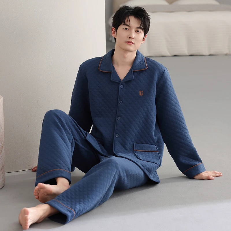 Pakaian Tidur Pria Ukuran Besar M-4XL Musim Dingin Tebal Hangat Berbahan Katun Air Clip Kerah Turun Tebal Hangat