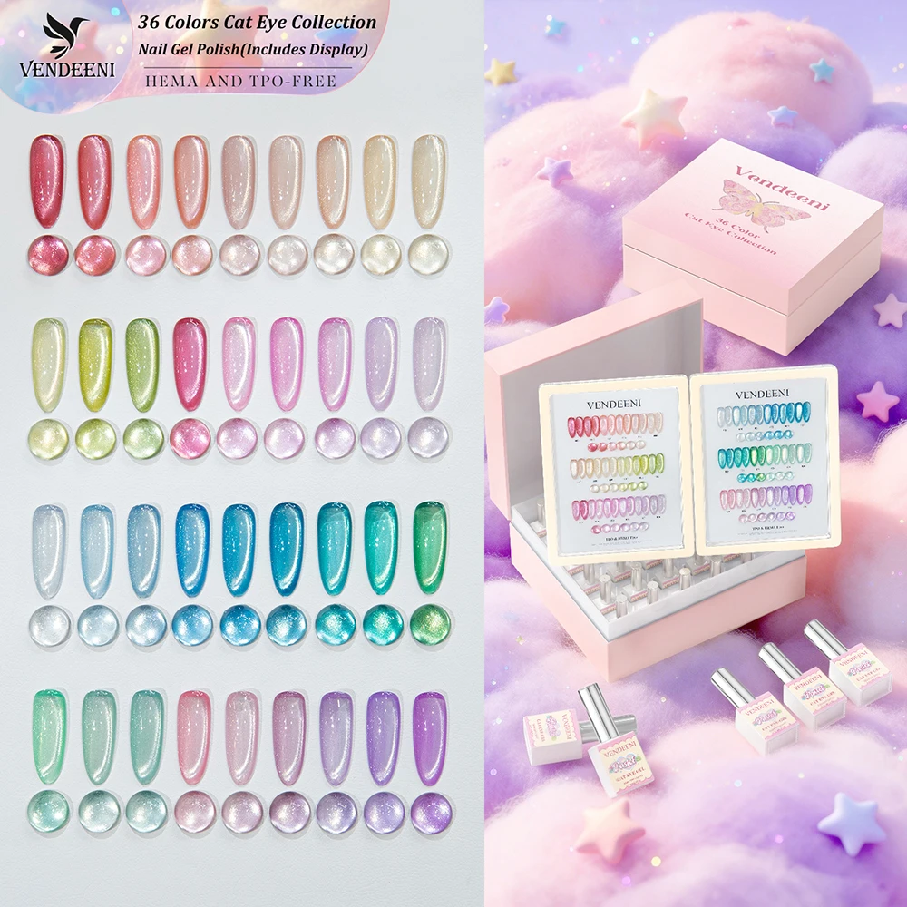 

Набор гель-лаков Vendeeni 36 цветов с эффектом кошачьего глаза, магнитный, УФ/LED, смываемый, радужный, с дисплеем