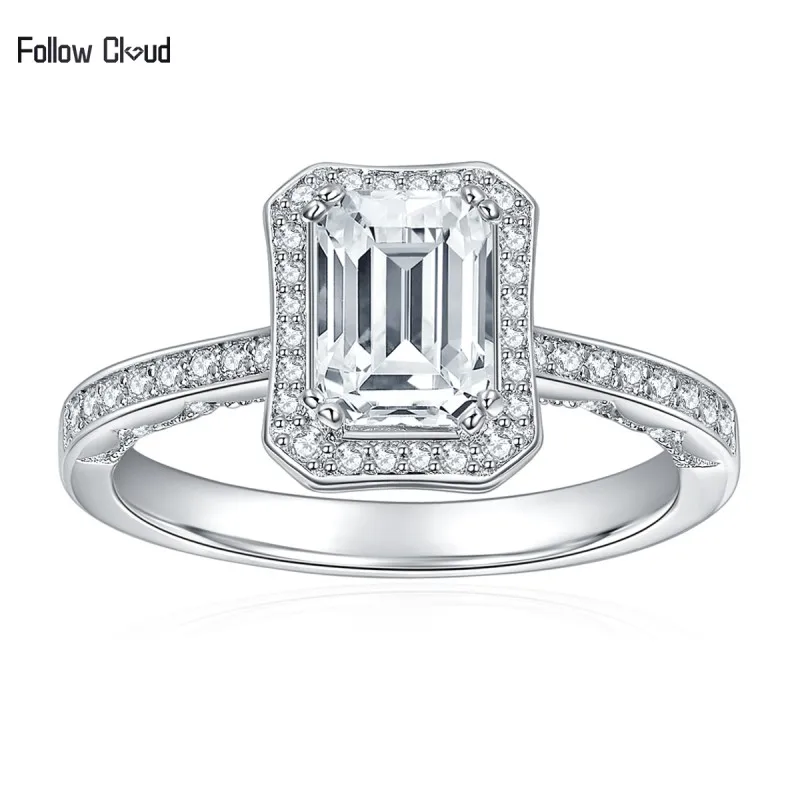 Follow Cloud 1.25ct Emerald Cut Moissanite Diamond Engagement Rings for Women Wedding Promise Band Platinum Plated 925 Silver