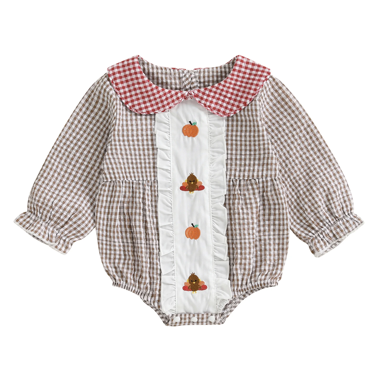 

Baby Girl Fall Romper Thanksgiving Day Pumpkin Embroidery Patchwork Doll Collar Long Sleeve Bubble Jumpsuit