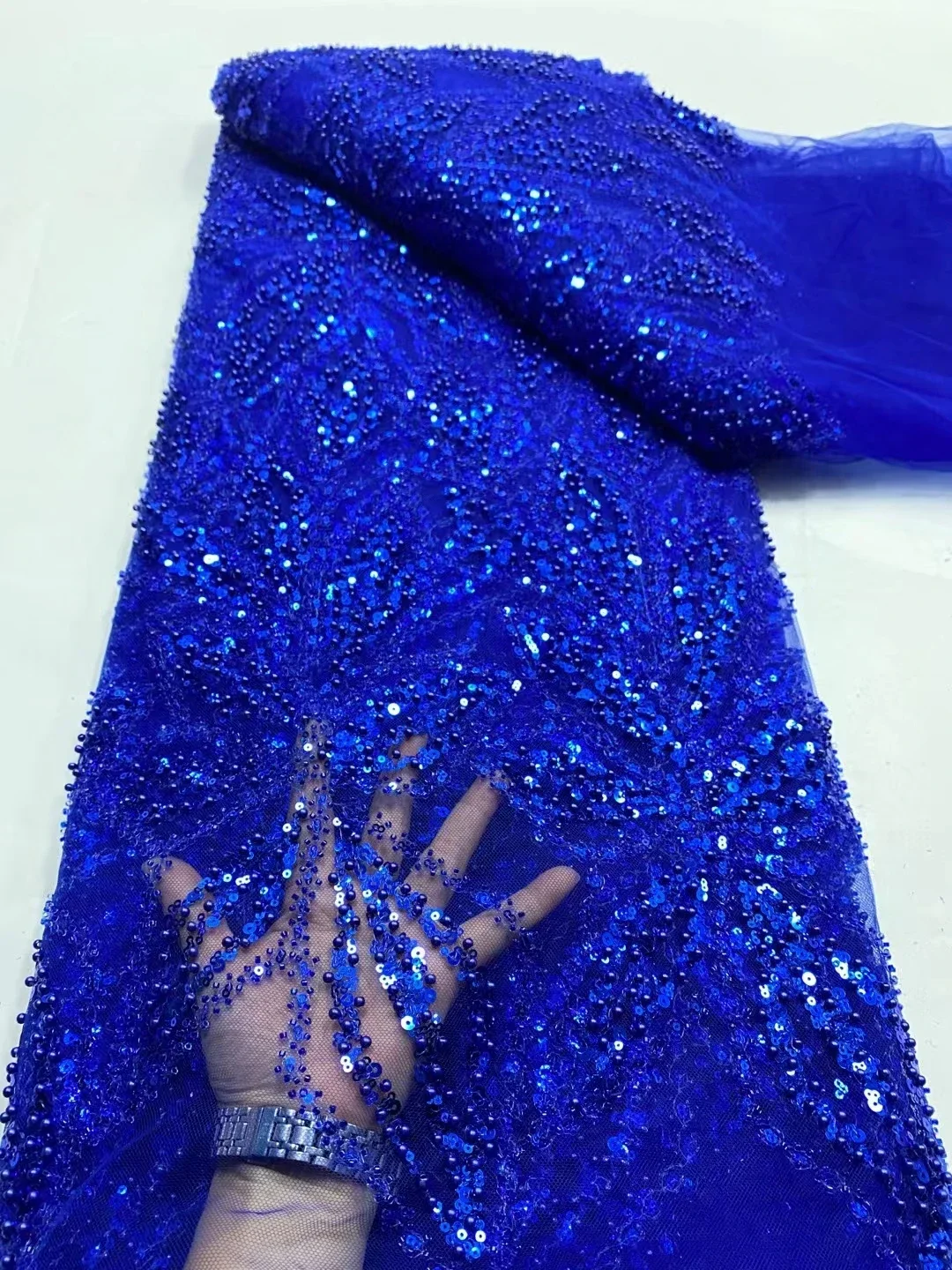 

2023 Latest Luxury Royal Blue Sequins French Lace Fabric African Nigerian Mesh Handmade Beads Wedding Lace Party Fabric LDP23243