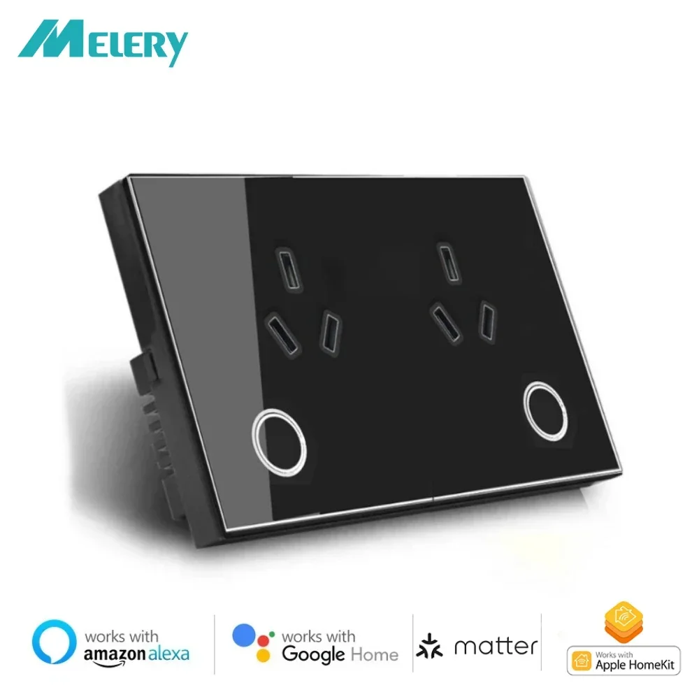 Melery Matter Smart Wall Socket AU Electrical Plug Outlet Power Glass Panel Voice Remote,SmartThings Homekit Alexa Google Home